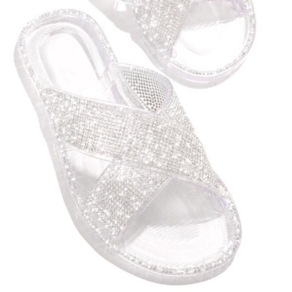 NEW Embellished Criss Cross Jelly Slides in Black - Picture 5 of 6